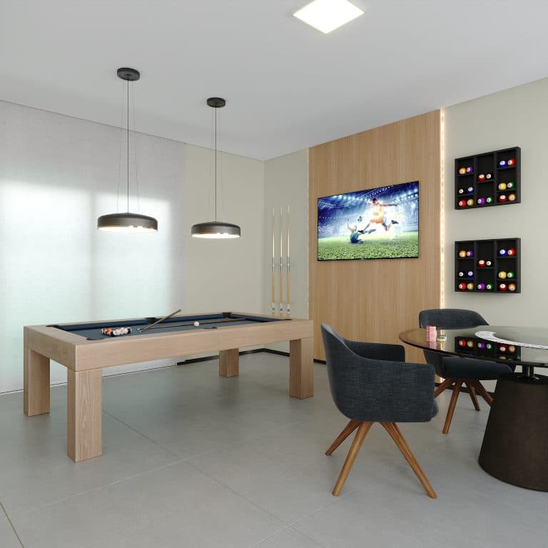 Salão de jogos com mesa de sinuca do Idea Studi Inteligenti