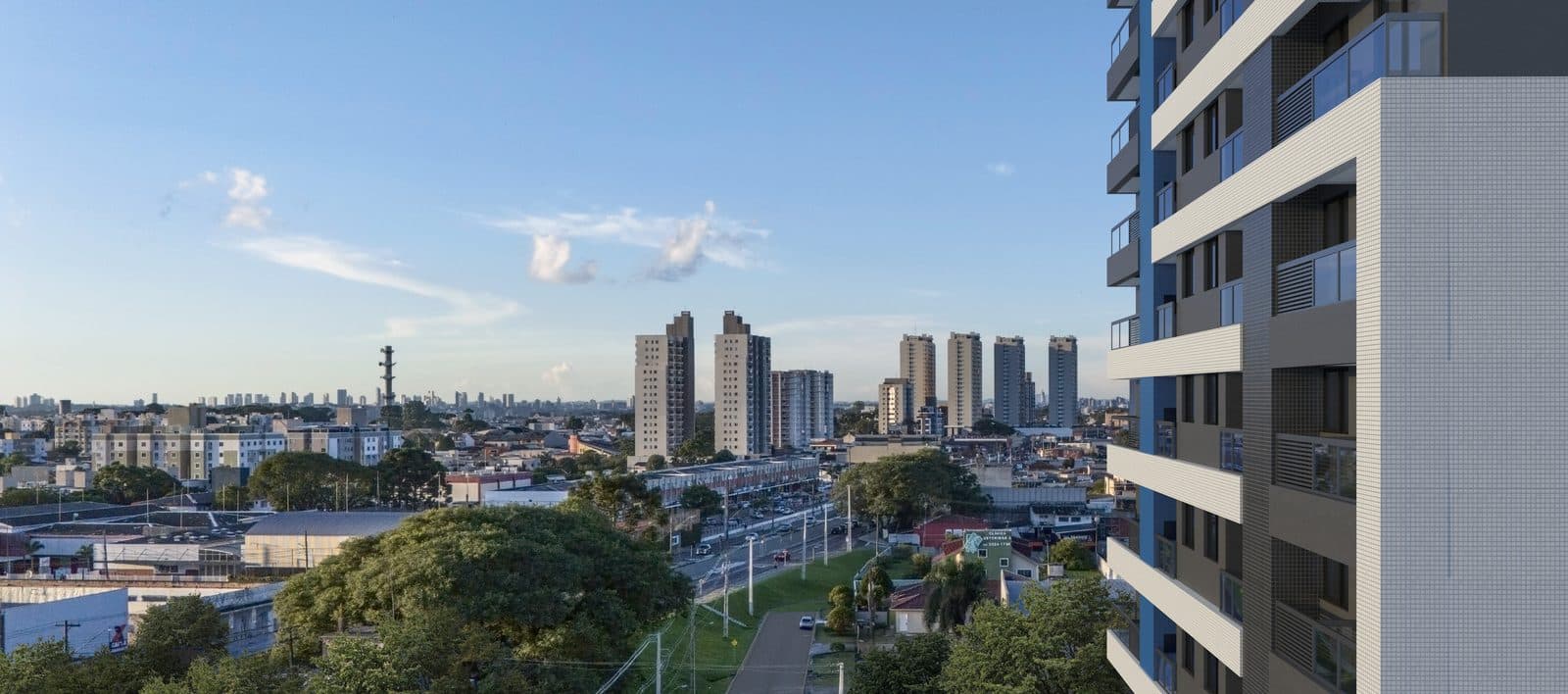 Fachada da torre do Pine Blue Residencial, da MGA, no Capão Raso em Curitiba