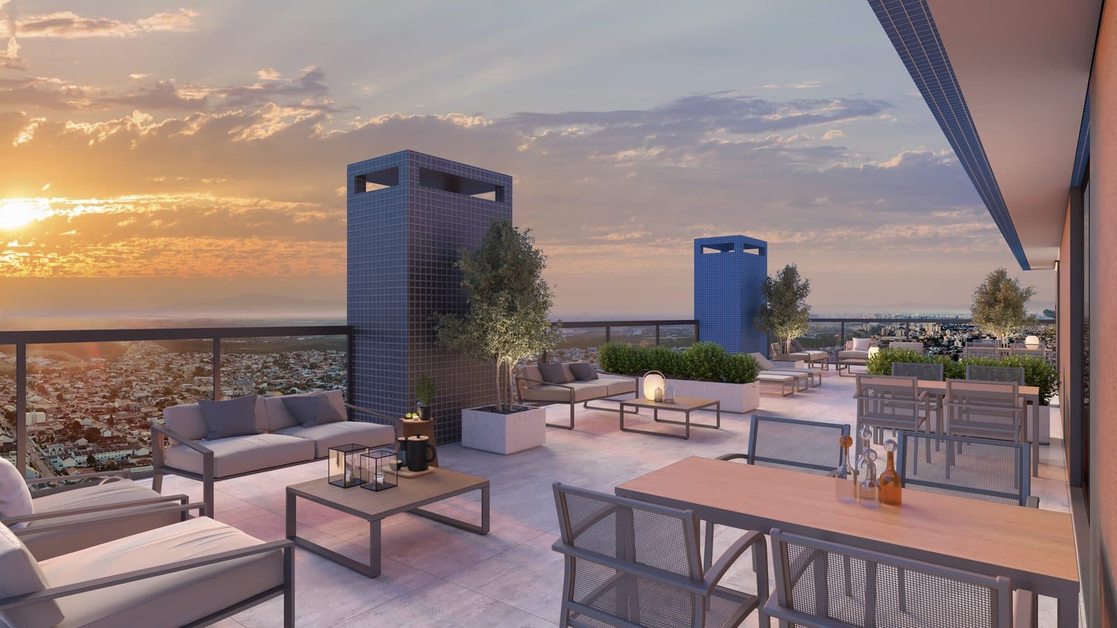 Rooftop com lounges e vista panorâmica do Pine Blue Residencial
