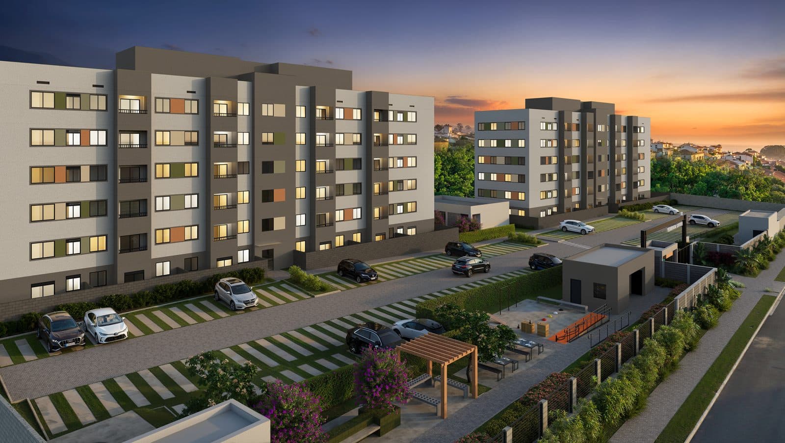 Fachada das torres do Residencial Cortese, da MRV, no Neoville (CIC) em Curitiba