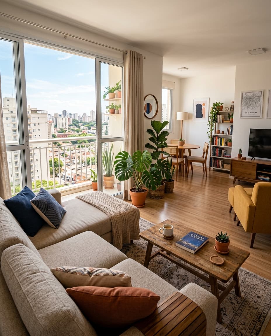 Sala de estar iluminada de um apartamento moderno