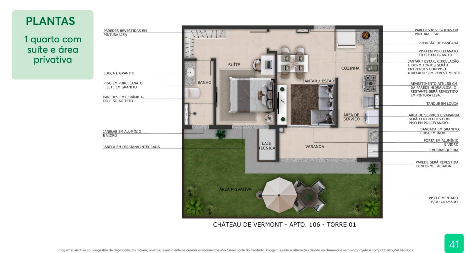 Planta — 1 dormitório com suíte e área privativa · 40 m²