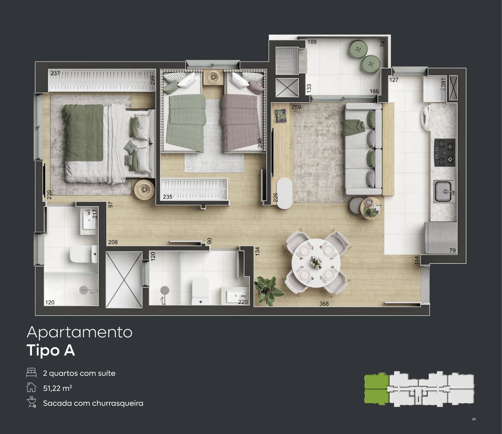 Planta — 2 quartos · 48 m²