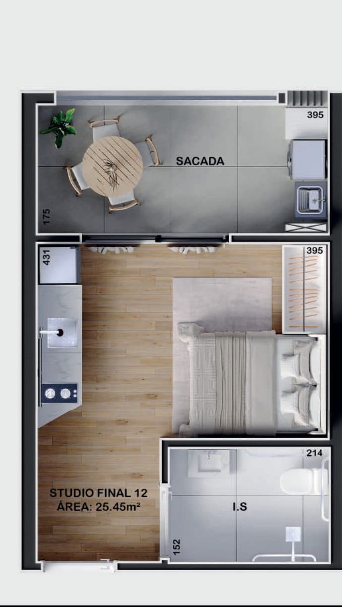 Planta do studio com sacada (pavimento tipo) do Idea Studi Inteligenti