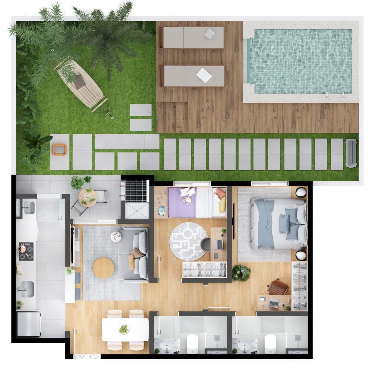 Planta — 2 quartos · 52 m²