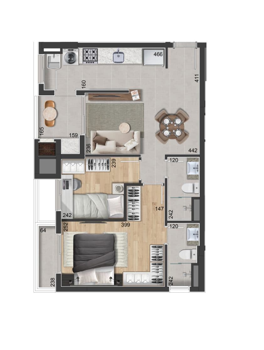 Planta do apartamento de 2 quartos com suíte (61 m²) do Pine Blue Residencial