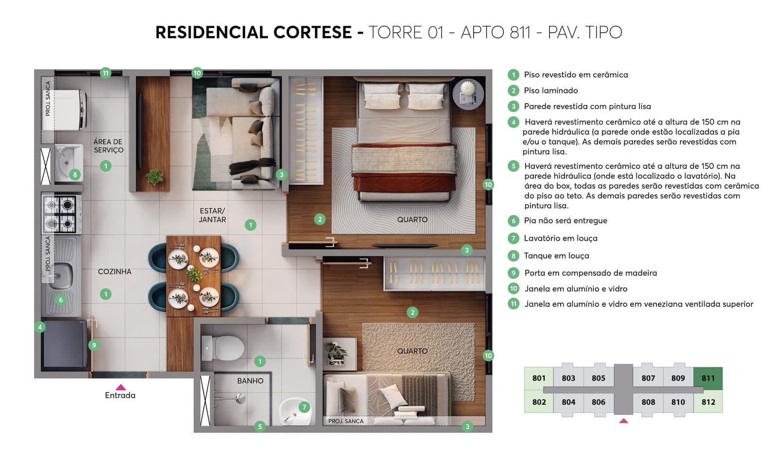 Planta do apartamento de 2 quartos (tipo) do Residencial Cortese